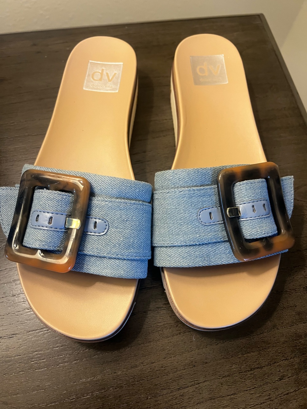 DV by Dolce Vita Light Blue Denim Buckle Slide Mules